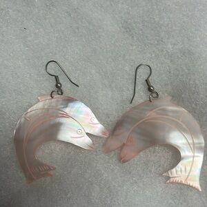 Gorgeous Carved Mother of Pearl Dolphin Earrings .